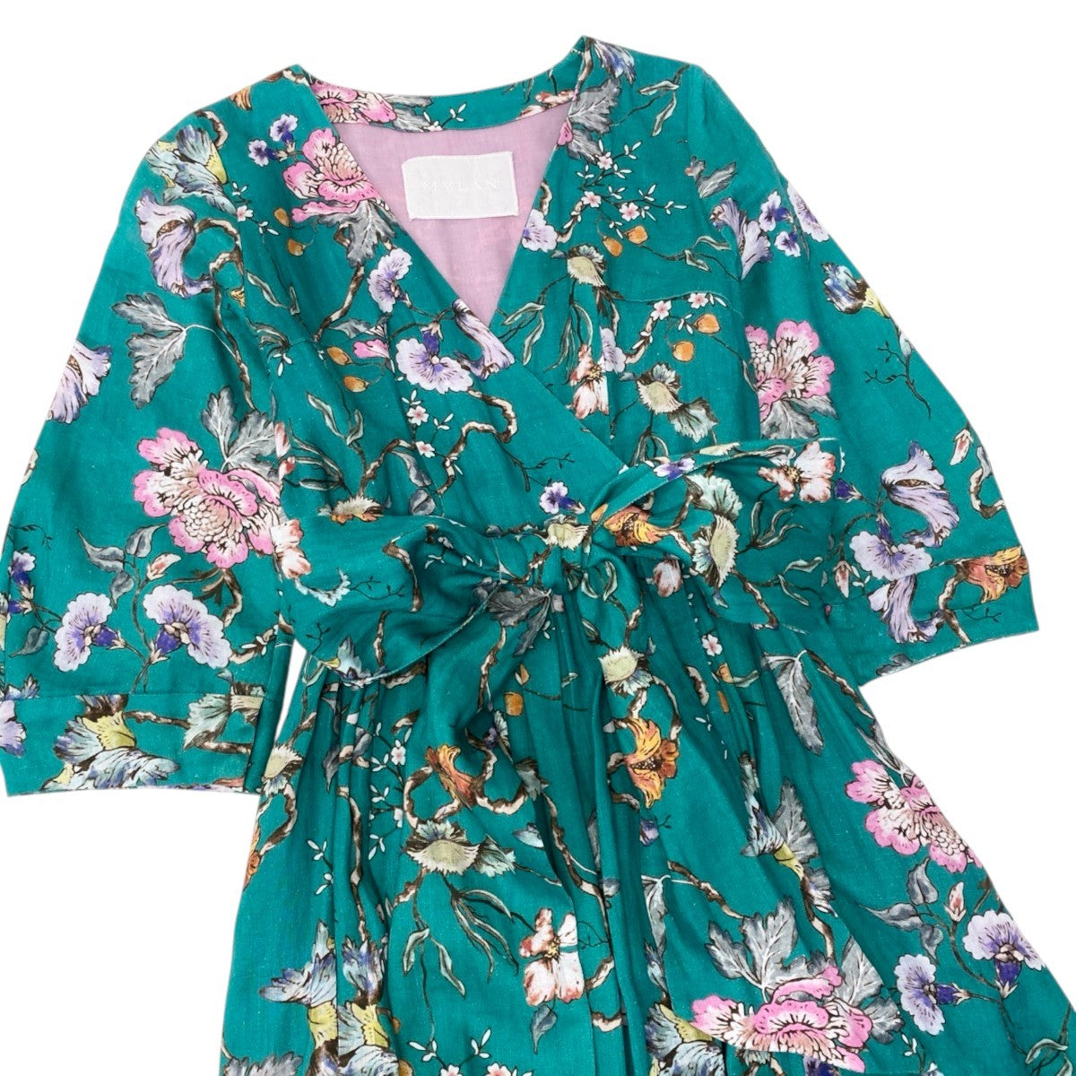 33h19 MYLAN マイラン リネンワンピース オリエンタルガーデンリリー ベルト付 ロングワンピース 花柄 MY18SS-OP014 S グリーン系 レディース 女性用o07t