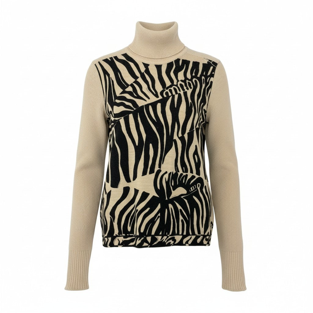 58k22 LEONARD レオナール リブニットセーター ハイネック ロングスリーブ 総柄 レディース 女性用 40 ベージュ ブラック ウール100％u02t