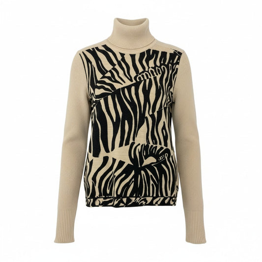 58k22 LEONARD レオナール リブニットセーター ハイネック ロングスリーブ 総柄 レディース 女性用 40 ベージュ ブラック ウール100％u02t