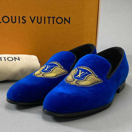 2h9《美品》LOUIS VUITTON ルイヴィトン オートゥイユラインオペラシューズ ローファー LVロゴ ベルベット 7 ブルー メンズu02t