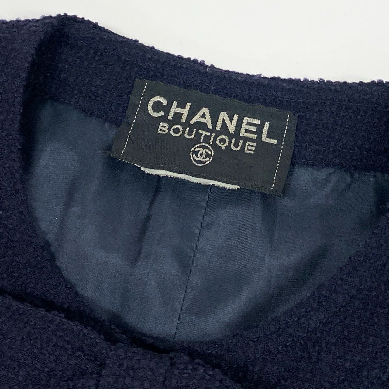 Cb15 Vintage CHANEL シャネル ヴィンテージ ツイードワンピース 長袖 ココマークボタン ネイビー レディースu02t