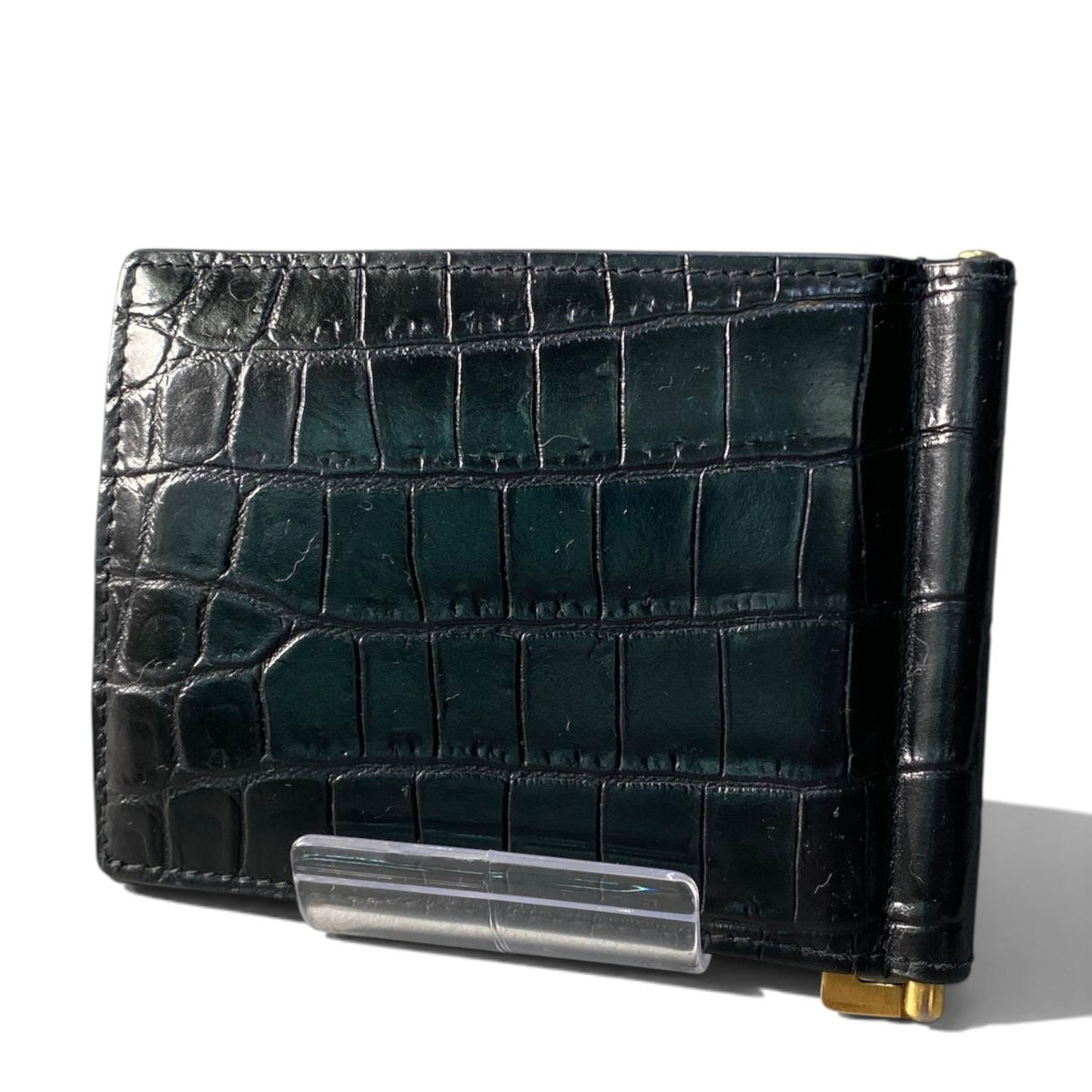 i14 SAINT LAURENT サンローラン YSL クロコ型押し マネークリップ カードケース YSL Logo Crocodile-Embossed Leather Money Clip Black 財布t18r