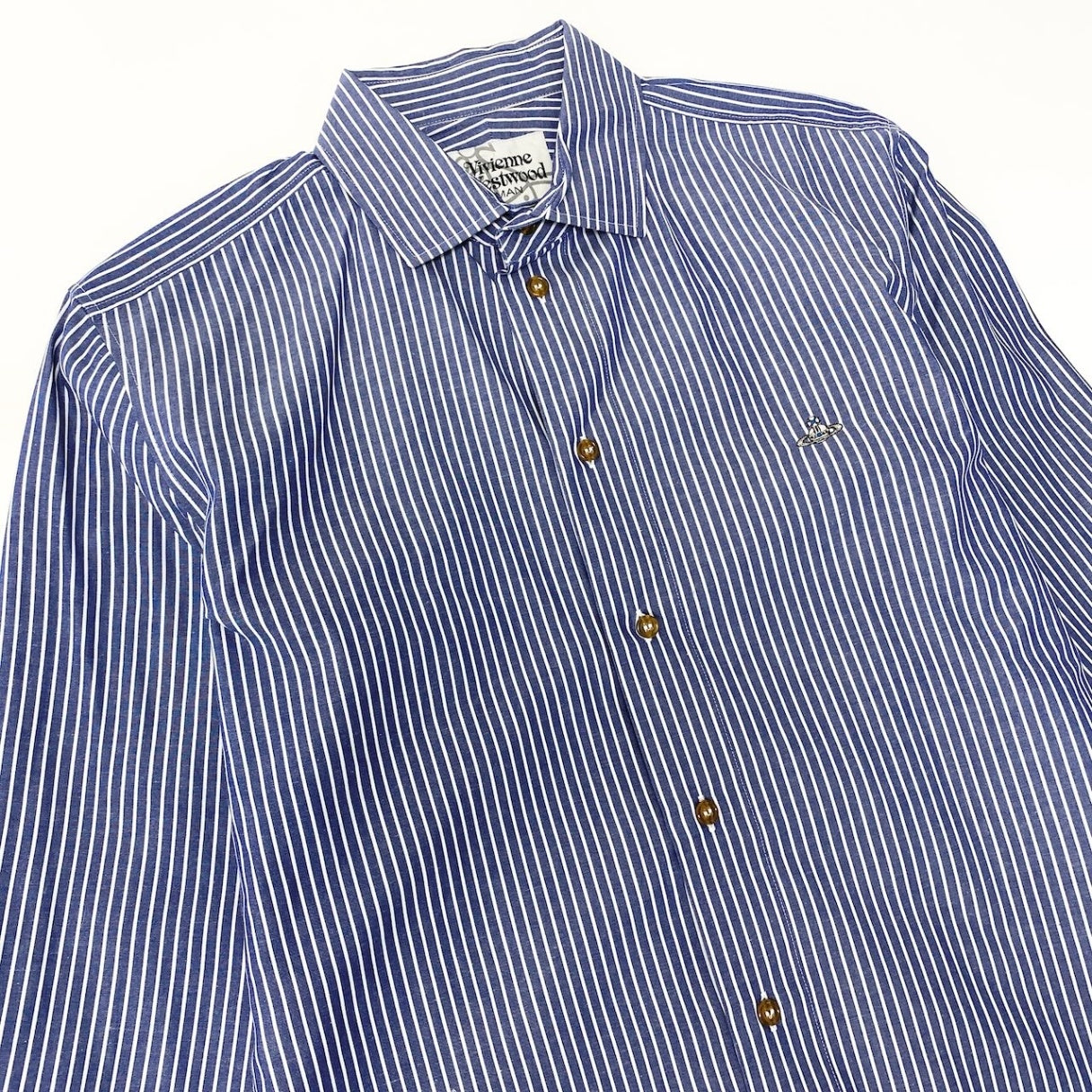 31e7 【美品】  VivienneWestWood MAN ヴィヴィアンウエストウッドマン ロゴ刺繍 ストライプシャツ ロングスリーブシャツ  サイズ50 ブルー ホワイト コットン100％ メンズ 紳士服u02t