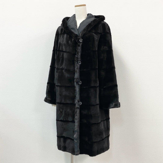 16j20 《美品》 最高級毛皮 ミンクコート フード付き ロングコート  フード付き リバーシブルコート ブラック系 ミンク 本毛皮 レディースk02i