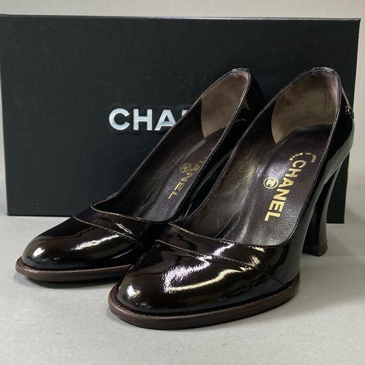 3i30 CHANEL シャネル ココマーク 金具ロゴ パテントレザー ヒール シューズ 34 1/2サイズ ブラック レザー レディース シューズt18r