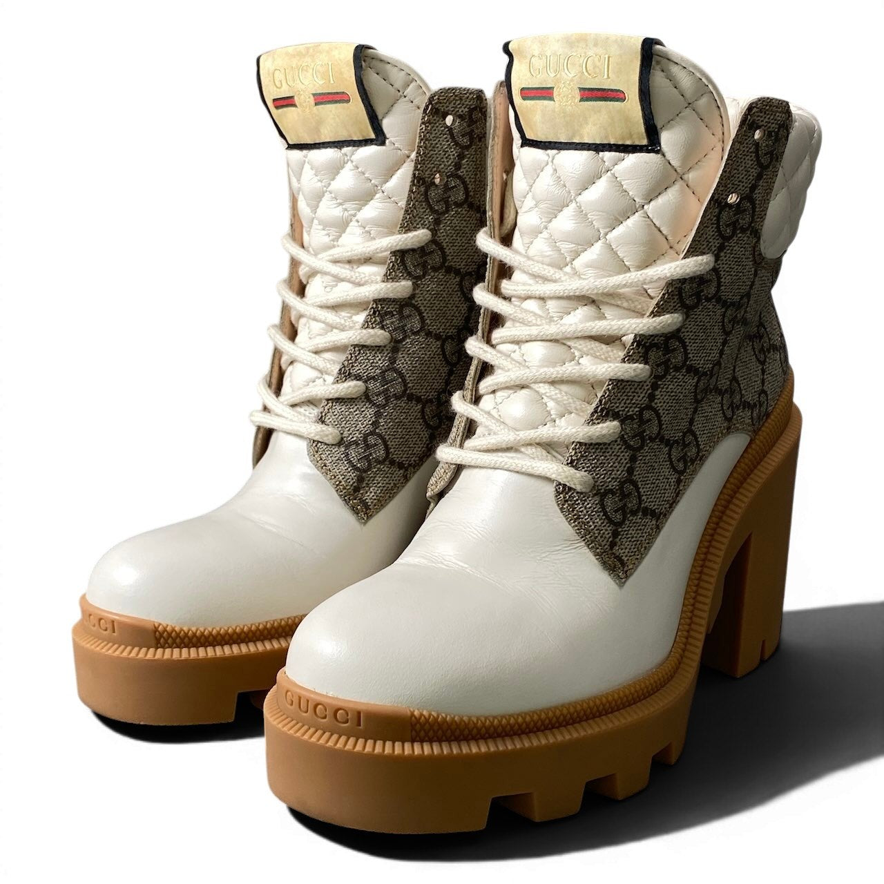 e26《美品》 GUCCI グッチ GGスプリーム アンクルブーツ GG Monogram Ankle Boots サイズ35 1/2 ホワイト レザー シューズt18r