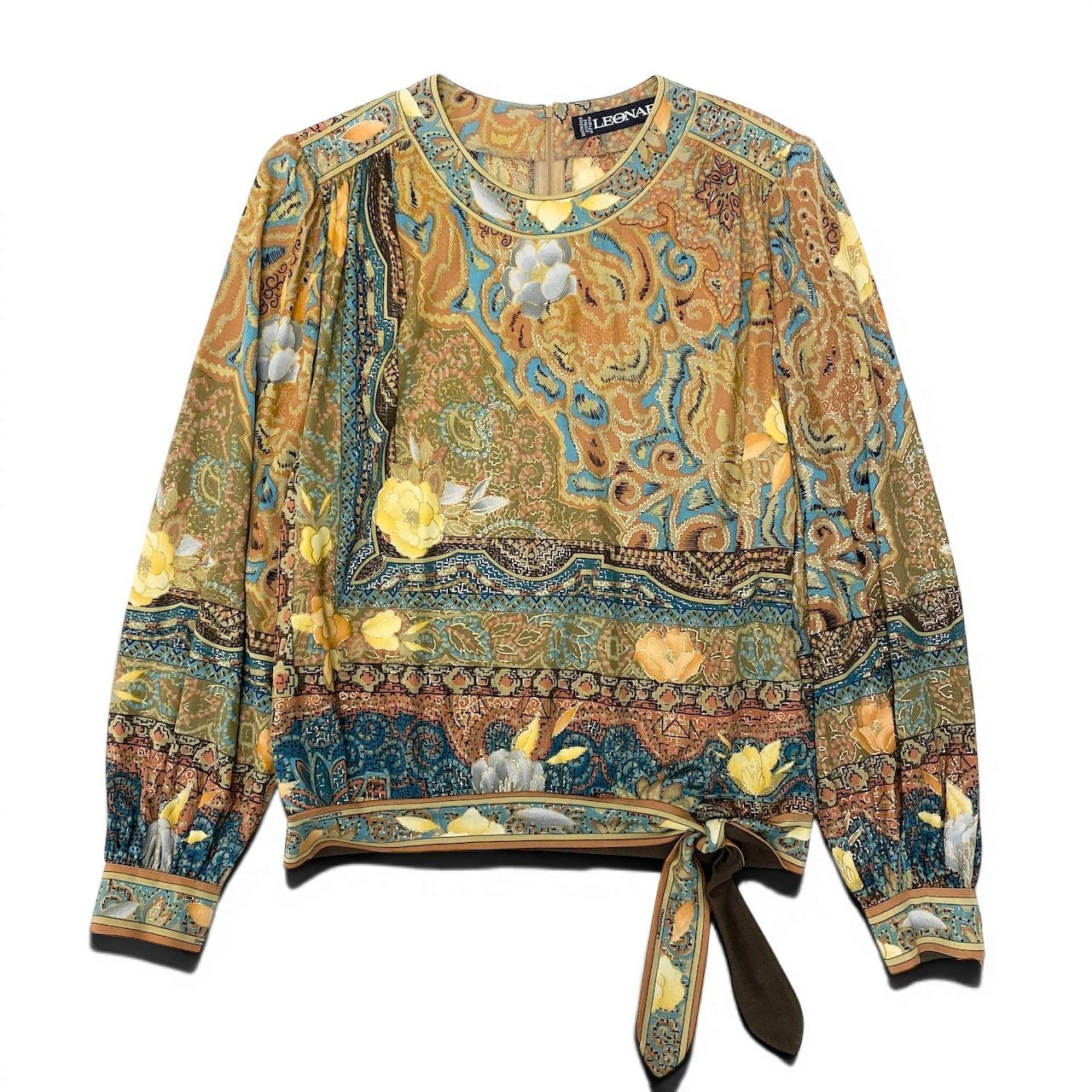 18e29 LEONARD FASHION レオナール パフスリーブ カットソー サイドリボン 美しい花柄プリント トップス サイズ9R マルチカラー シルク100％ レディース 女性服o07t