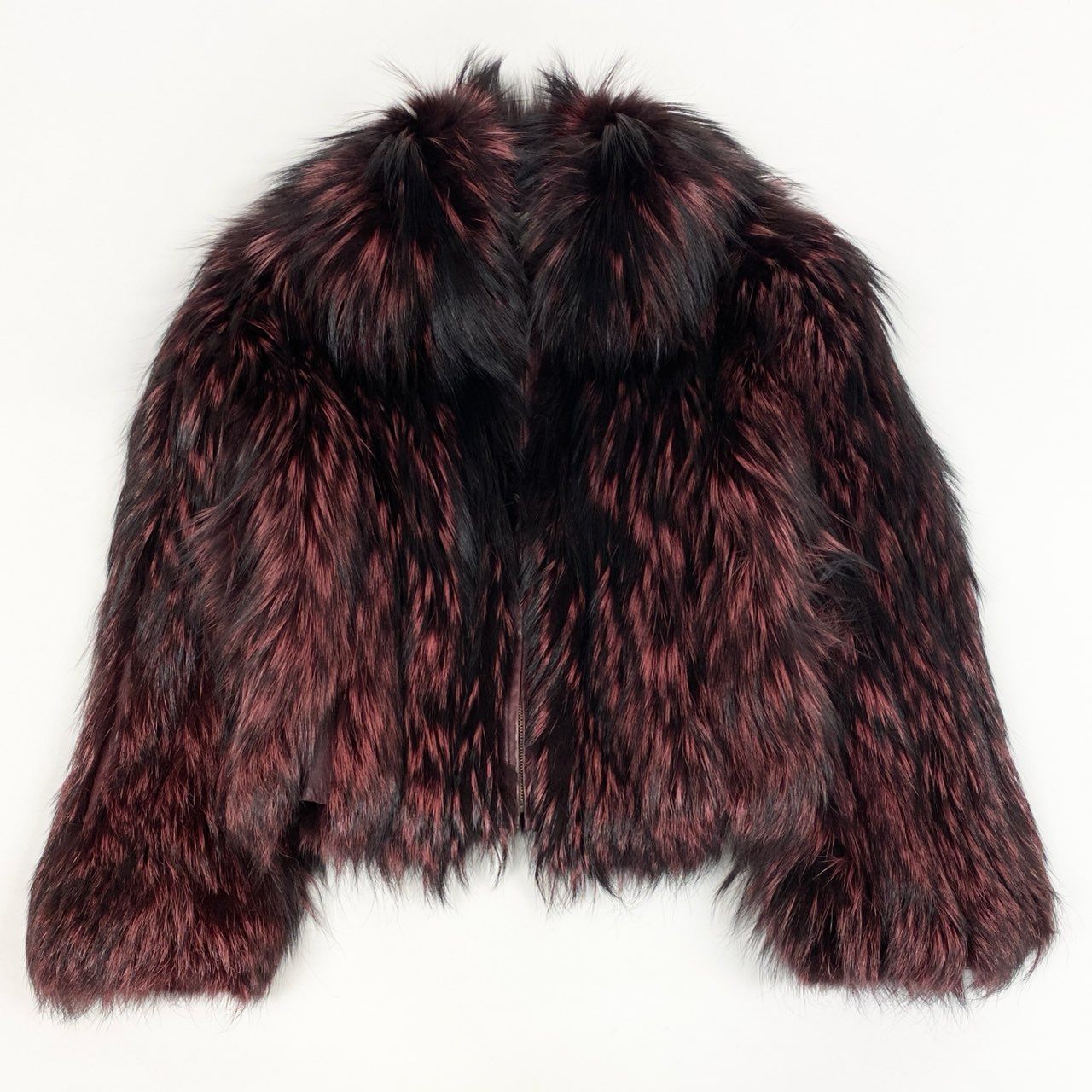 68L8 EMBA エンバ 染め フォックスファー ジップアップジャケット コート サイズ11号 レッドパープル ブラック 本毛皮 FOX FUR レアデザインt18r