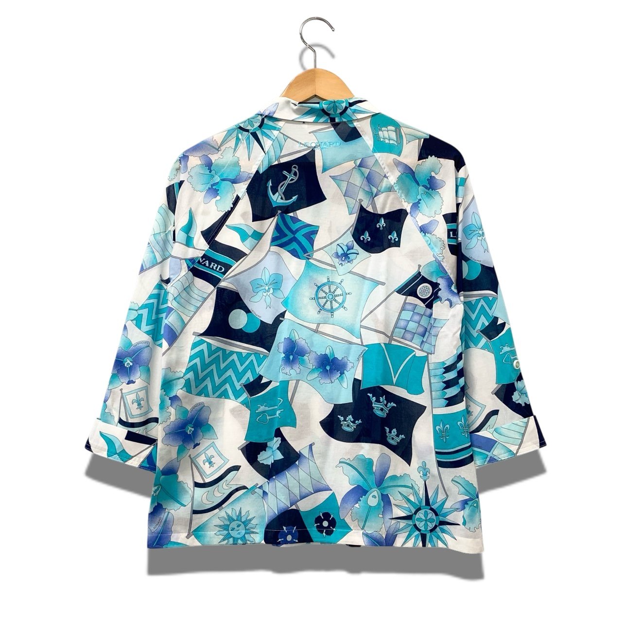 77b17 LEONARD レオナール ロングスリーブシャツ シースルー 総柄プリント 0531133 40サイズ ホワイト ブルー コットン100％ レディース 女性用u02t