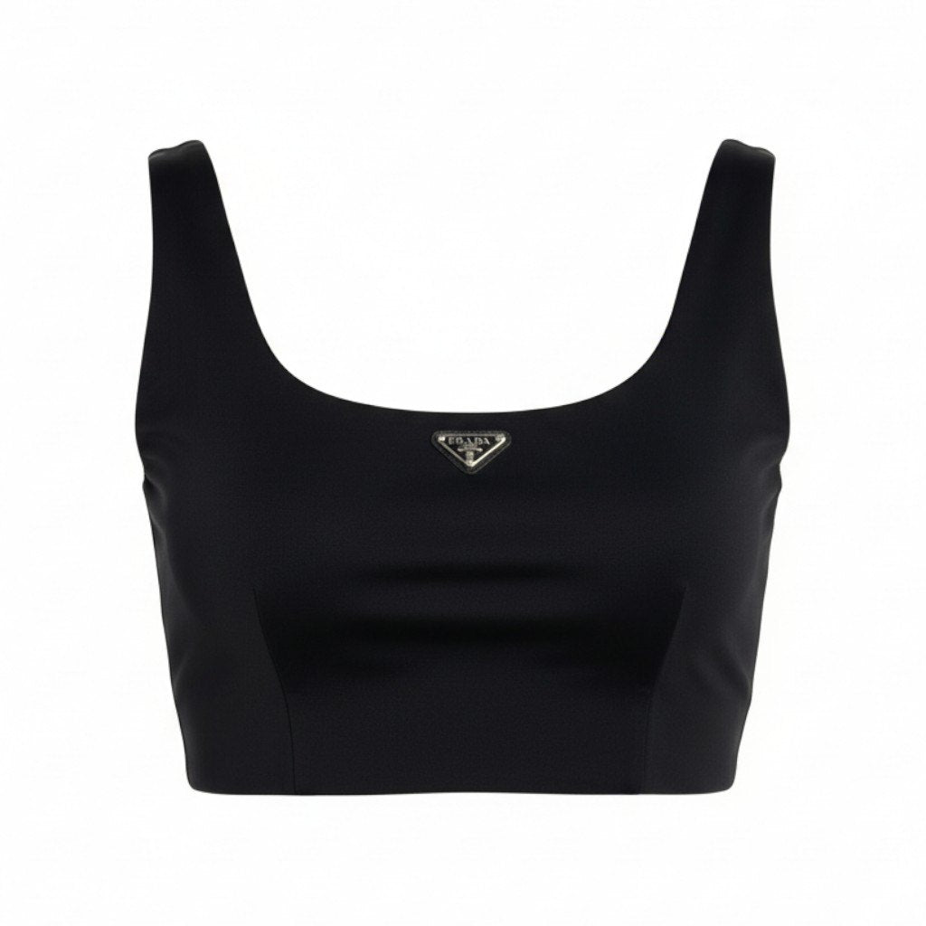 Ab13【美品】PRADA プラダ ストレッチジャージートップス 三角ロゴプレート Strech Jersey Cropped Top 40サイズ ブラック レディース 女性用ta1