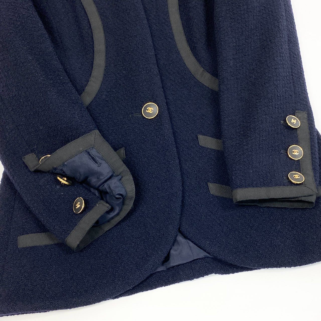 Cd9 Vintage CHANEL シャネル 1990 ツイードジャケット テーラードジャケット ココマーク 21178 36 ネイビー ウールu02t