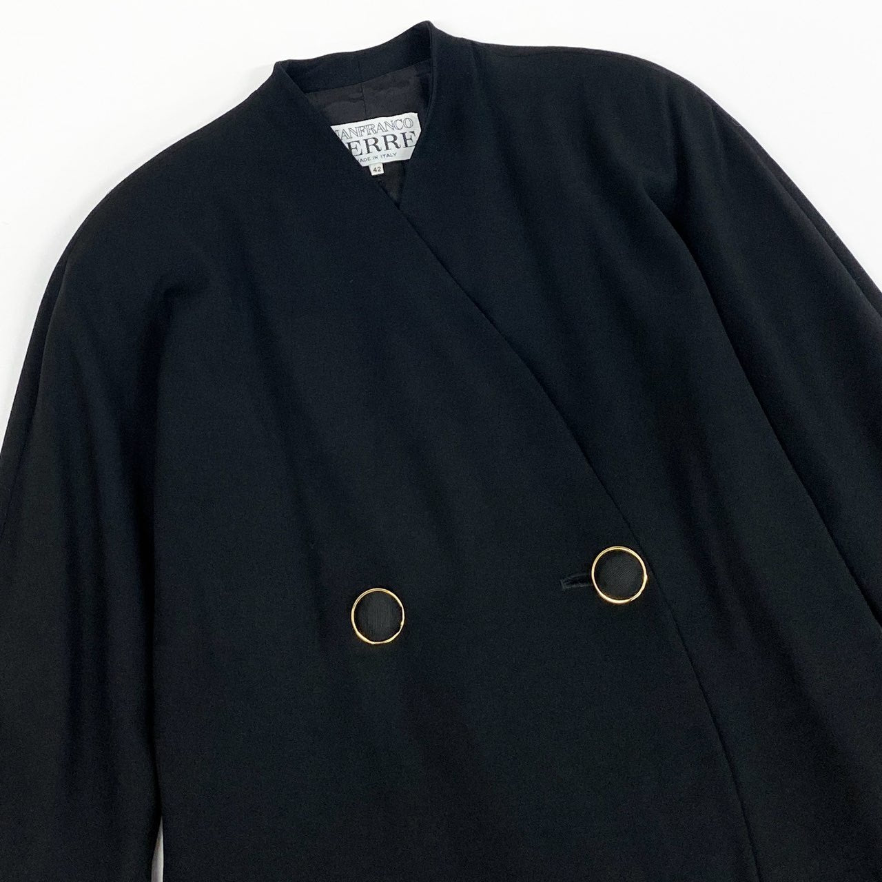 2L12 Vintage GIANFRANCO FERRE ジャンフランコフェレ 薄手コート ロングコート ダブルブレスト レース 変形スリーブ 42 ブラック ウール レディース 女性用 イタリア製u02t