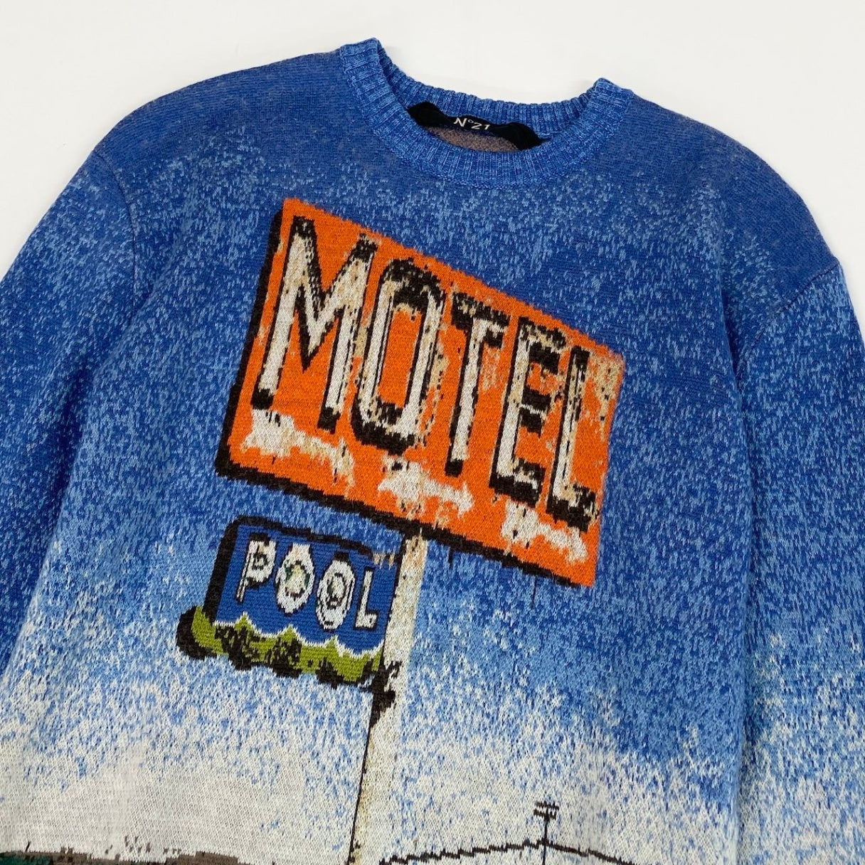 6d16 N゜21 ヌメロヴェントゥーノ プルオーバー ニットセーター MOTELプリント サイズ46 ブルー レディース 女性用u02t