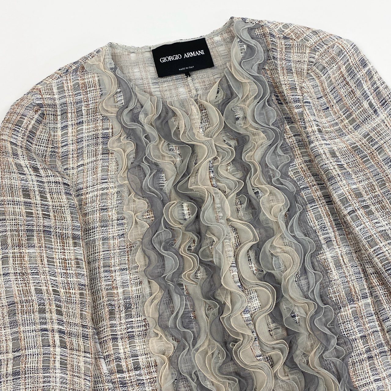 46a30 GIORGIO ARMANI ジョルジオアルマーニ ノーカラージャケット リネンツイードシルクラッフルジャケット 38サイズ マルチカラー リネン100％ シルク100％ レディースo07t