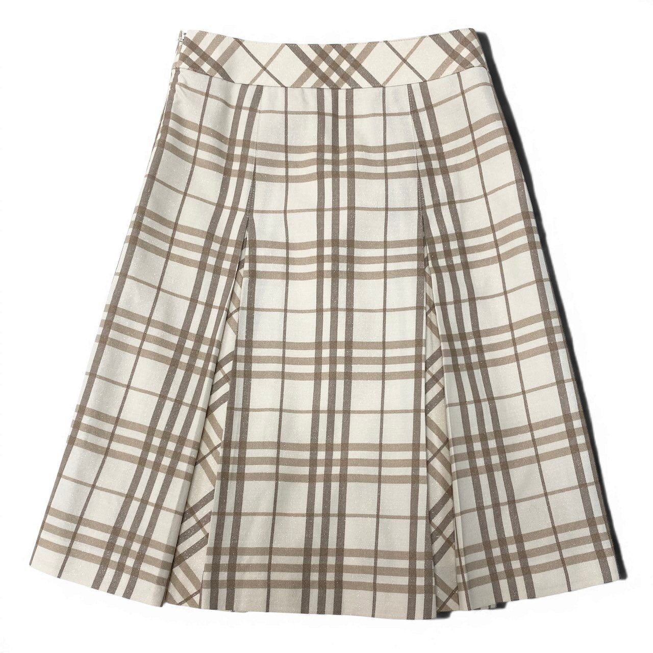Ig6 BURBERRY LONDON バーバリー ラメ混 タックスカート チェック柄 サイズ34 ベージュ アイボリー ウール レディースo07t
