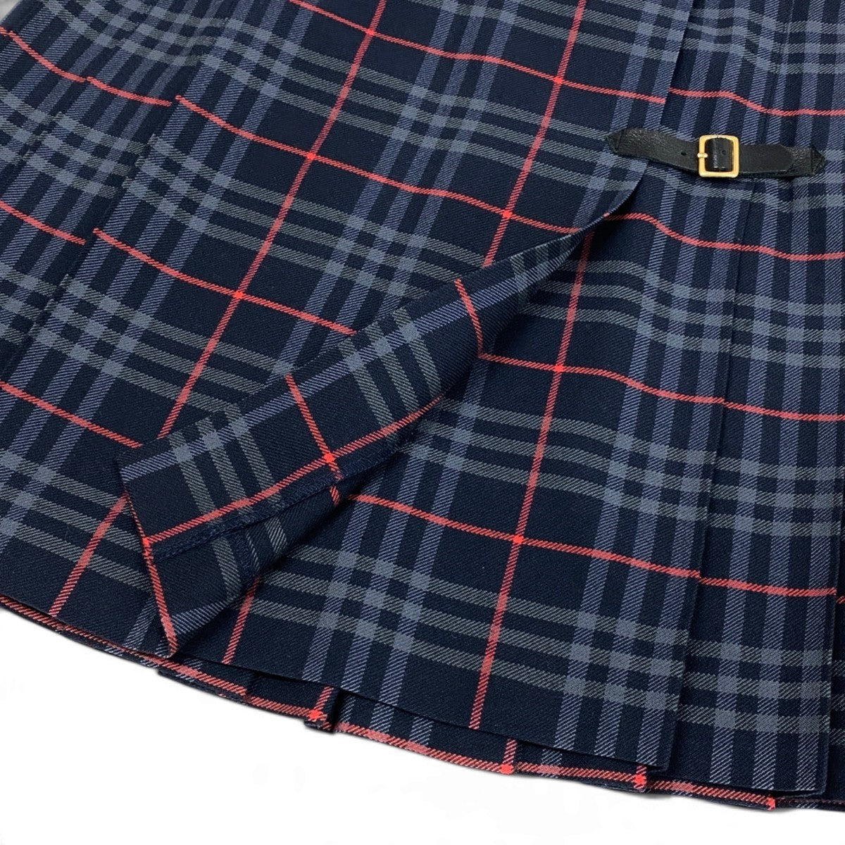 Ij15 Burberrys バーバリーズ チェック柄 レザーベルト ラップスカート サイズ6 ネイビー ウール100％ レディースo07t