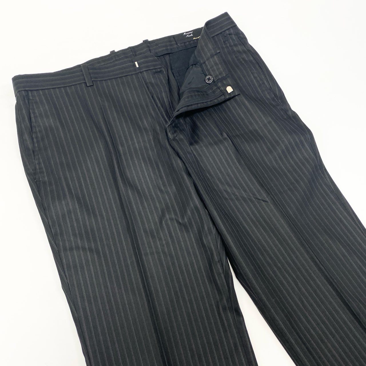 19k27 MONSIEUR NICOLE ムッシュニコル セットアップスーツ シングル 2B 背抜き ストライプ柄 ウールブレンド○ メンズ 紳士服 ブラックu02t