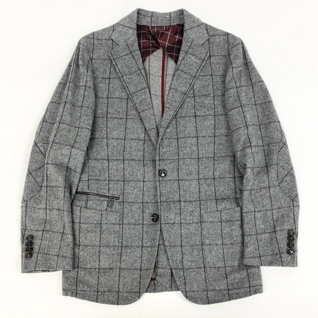 74i8 《美品》 Ermenegildo Zegna エルメネジルドゼニア テーラードジャケット レザージップ エルボーパッチ 44 グレー ウィンドペン ウール メンズu02t