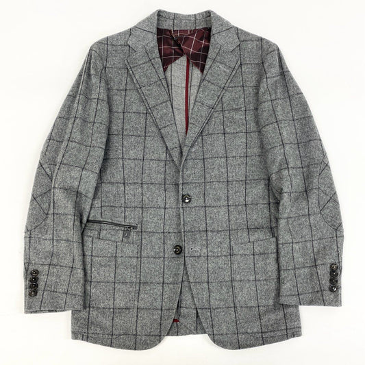 74i8 《美品》 Ermenegildo Zegna エルメネジルドゼニア テーラードジャケット レザージップ エルボーパッチ 44 グレー ウィンドペン ウール メンズu02t