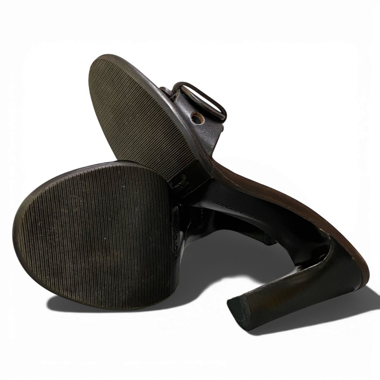 1b12 BOTTEGA VENETA ボッテガヴェネタ バックルベルト レザーサンダル ヒールパンプス 37 ブラウン カーフレザー レディースk02i