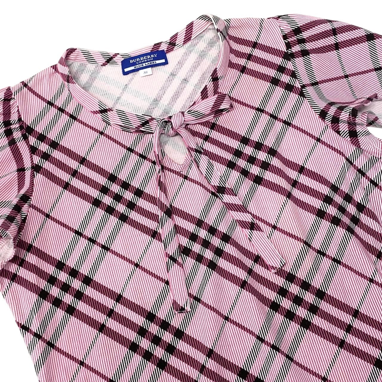 Ig6 BURBERRY LONDON BLUE LABEL バーバリーロンドン ブルーレーベル 半袖Tシャツ チェック柄 ストレッチ ロゴ刺繡 サイズ38 ピンク  レディースo07t