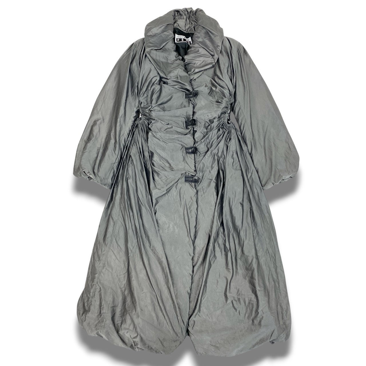 Ac3 ISSEY MIYAKE FETE イッセイミヤケ ヴィンテージ 編み上げデザイン ロングコート パラシュートコート  サイズ2 シルバー レディース アウターk02i