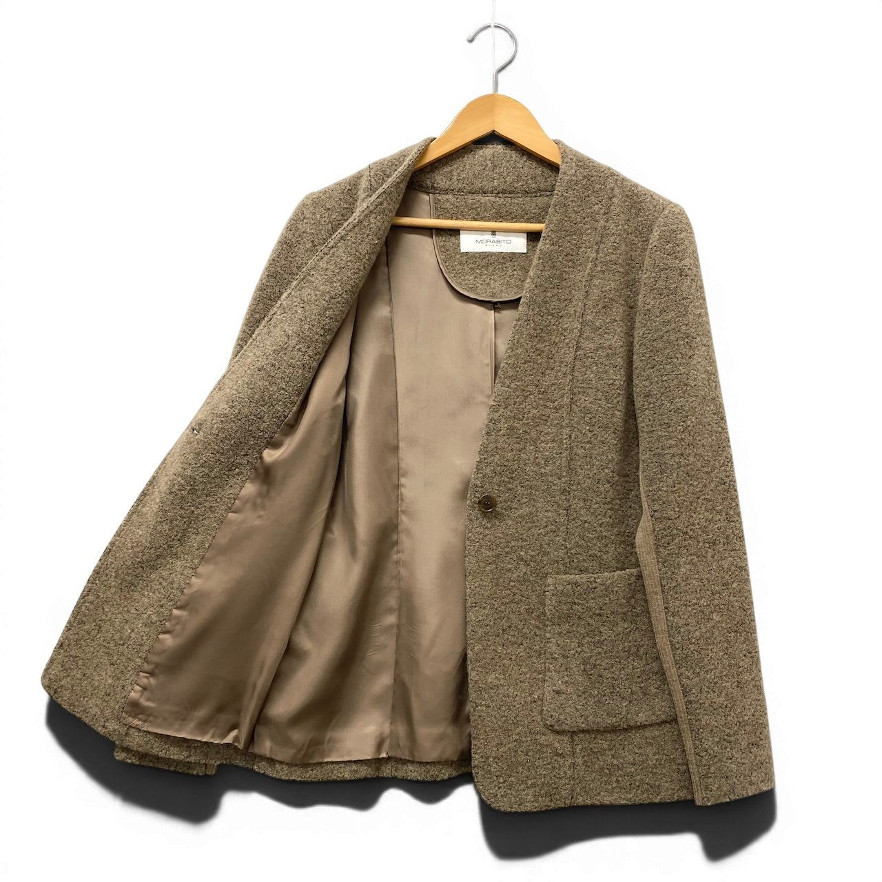 32e16【美品】MORABITO モラビト ノーカラーウールジャケット リブ切替 アウター 40サイズ ブラウン レディース 女性用u02t