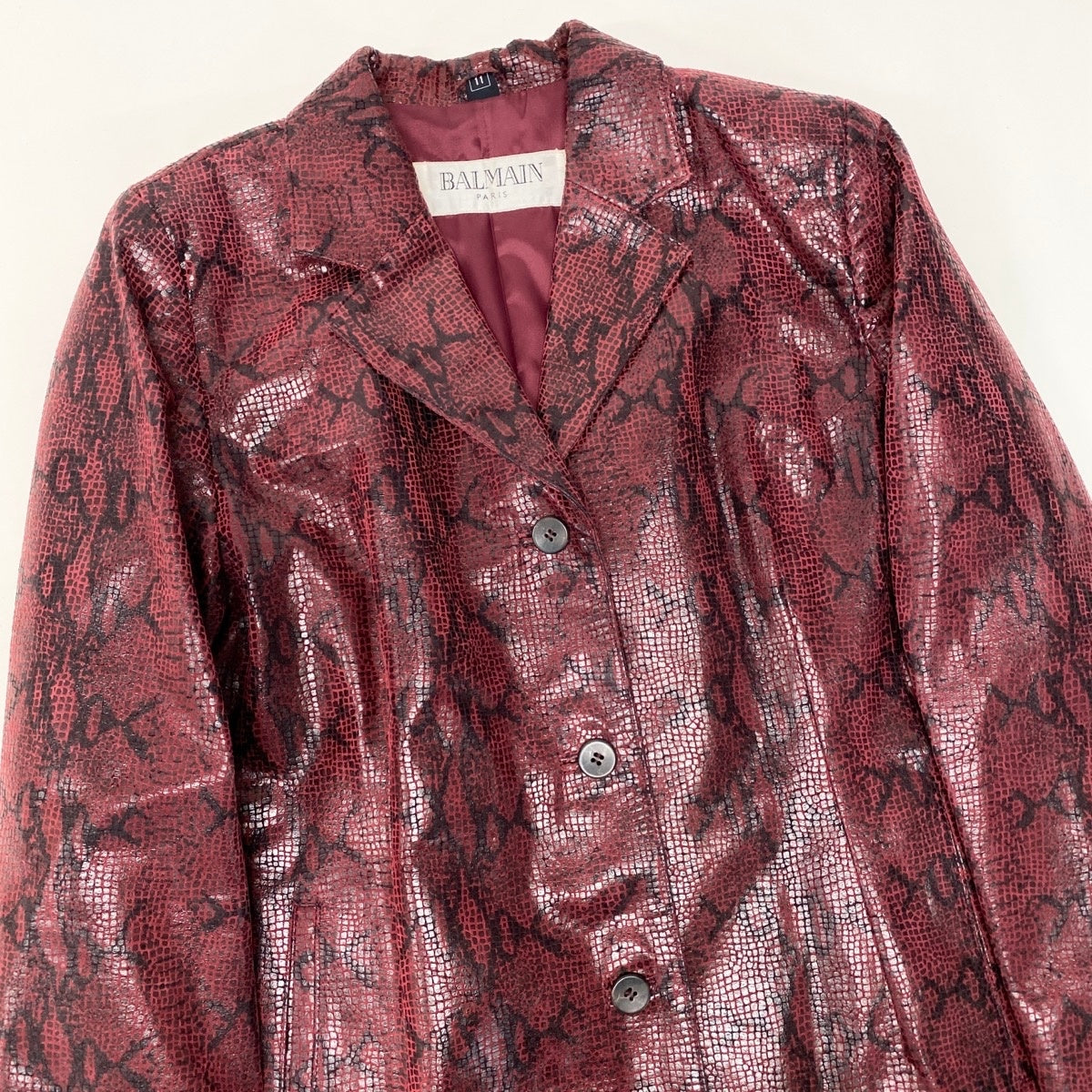 Ee25 BALMAIN バルマン パイソン柄 ロングジャケット レザー サイズ11 レッド ブラック レディースo07t