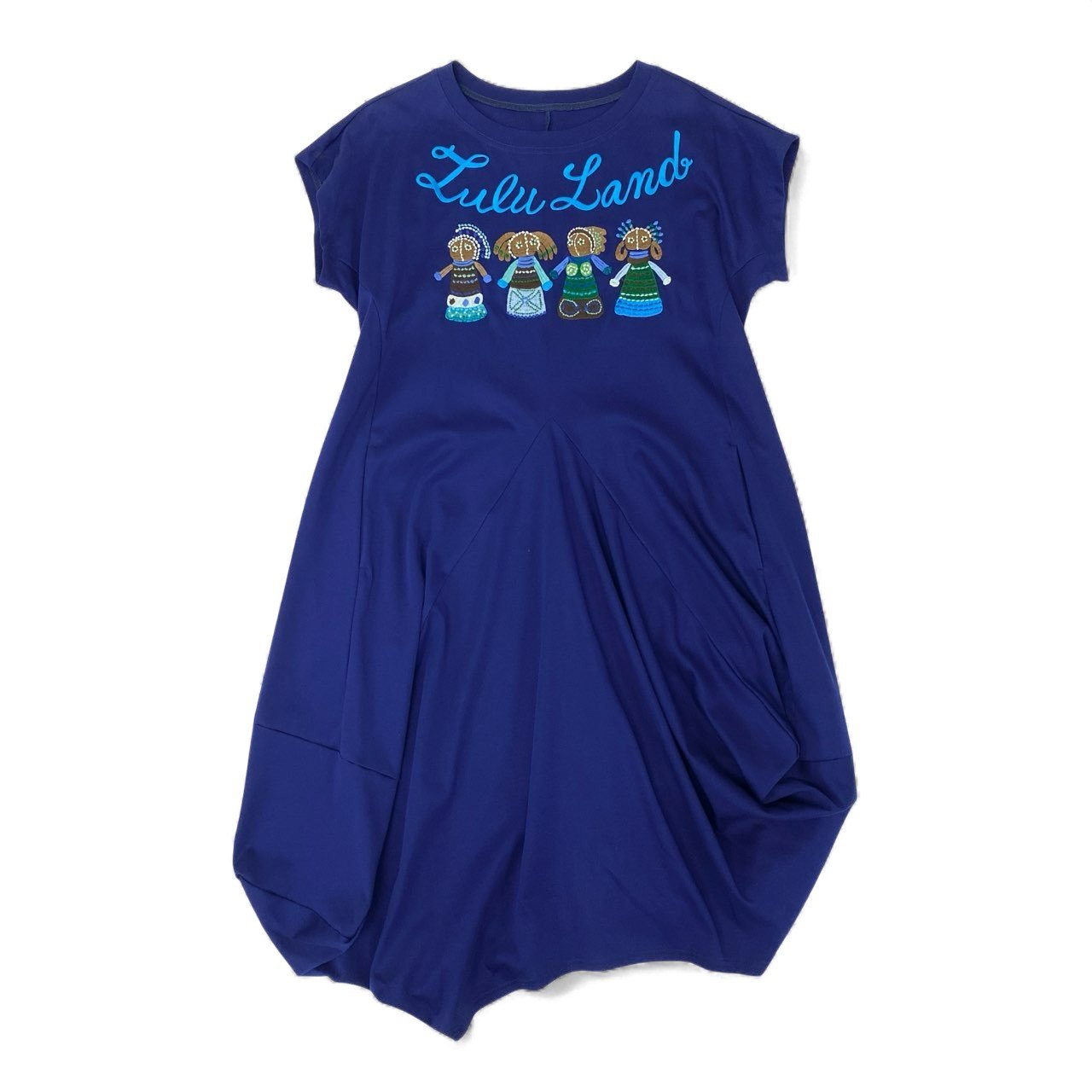 44k28 TOKUKO 1er VOL トクコプルミエヴォル 半袖ワンピース バルーンワンピース 身幅ゆったり○ フロント刺繍 ストレッチ レディース 9 ブルーu02t