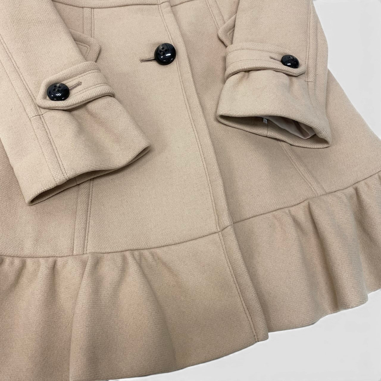 92g27 BURBERRY LONDON BLUE LABEL バーバリーロンドン ブルーレーベル Aラインコート アンゴラウール混 裏地ノバチェック 裾フリル サイズ36 ベージュ レディース 女性用o07t