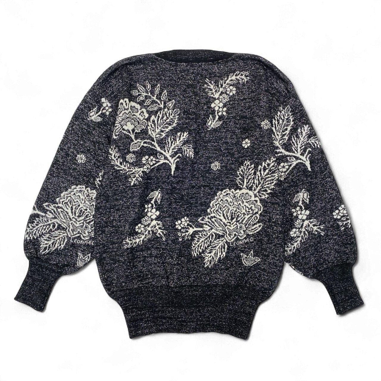 11k21 LEONARD FASHION レオナール ロングスリーブ ニットセーター ラメニット 花柄 クルーネック ウールブレンド  レディース 女性用 Ｍ ブラックu02t
