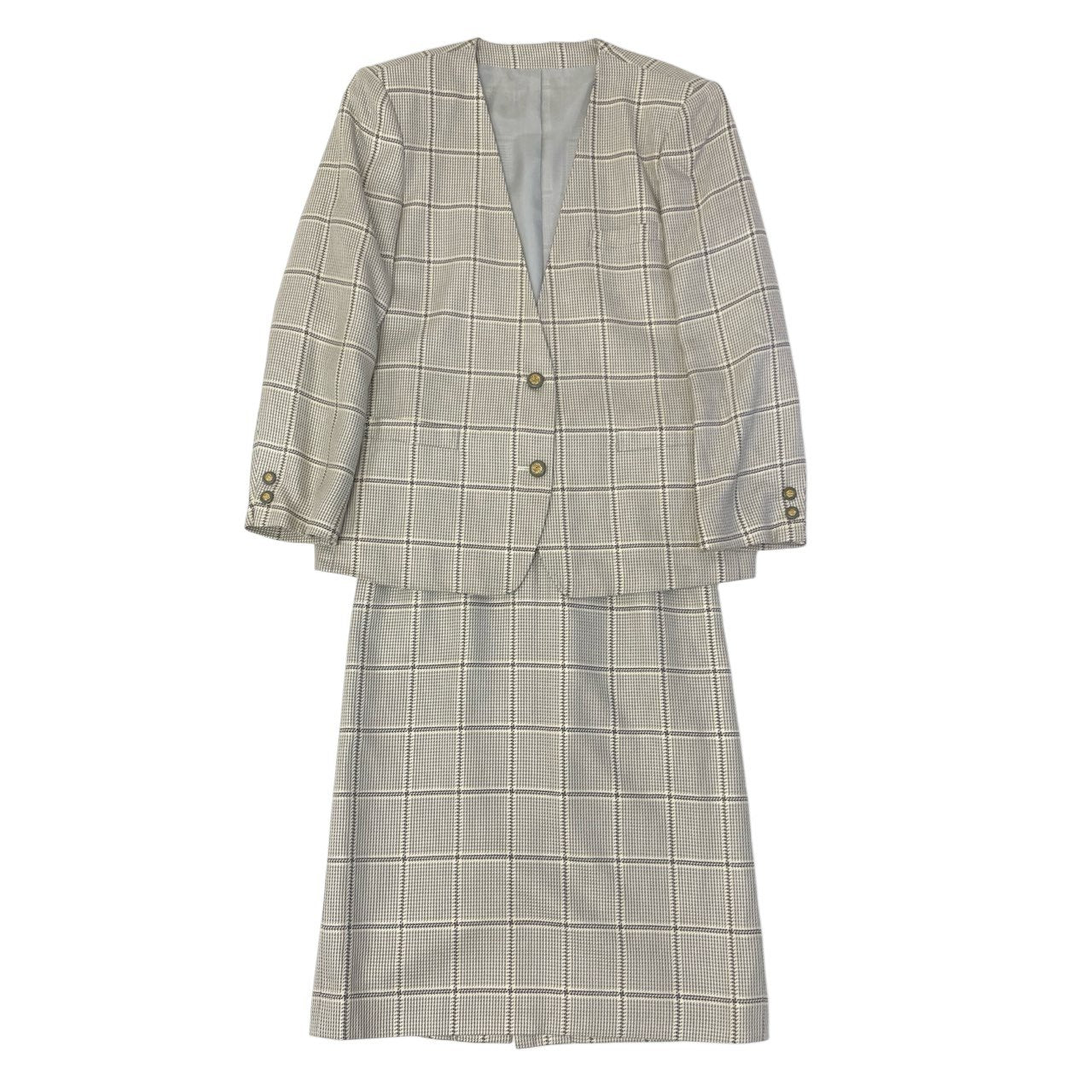 5c5 Vintage Burberrys バーバリーズ スカートスーツ セットアップ 装飾ボタン ノーカラー 11 グレー系 チェック レディースu02t