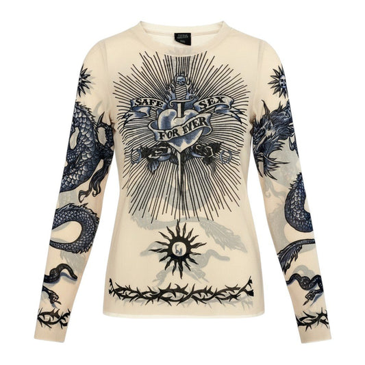 Ae14 Jean Paul GAULTIER FEMME ジャンポールゴルチエ フェム パワーネット タトゥードラゴン メッシュカットソー 長袖 サイズ40 アイボリー レディース 女性服k02i