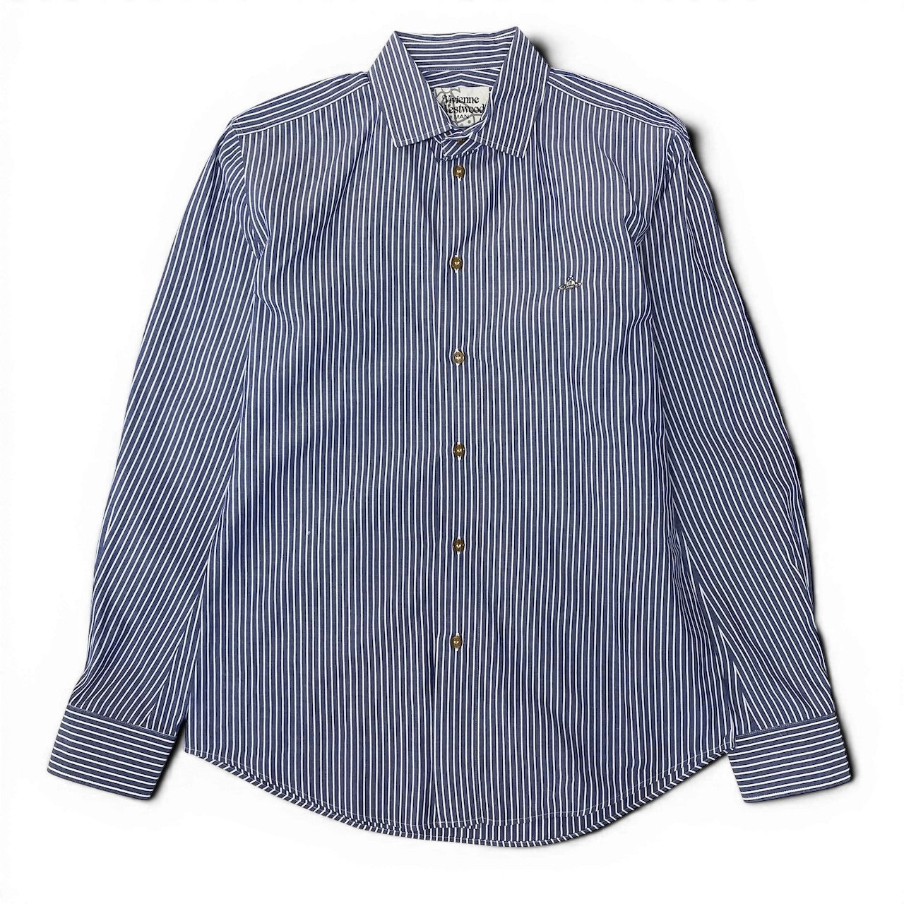 31e7 【美品】  VivienneWestWood MAN ヴィヴィアンウエストウッドマン ロゴ刺繍 ストライプシャツ ロングスリーブシャツ  サイズ50 ブルー ホワイト コットン100％ メンズ 紳士服u02t