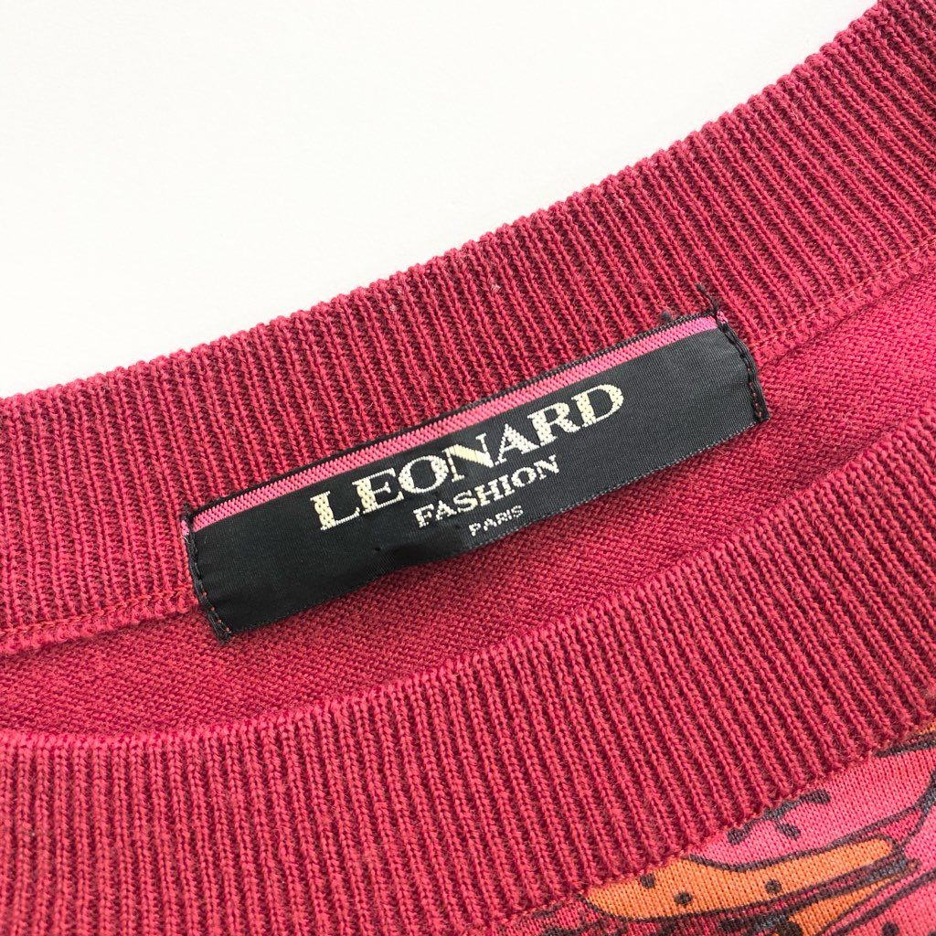 33d9 《美品》 LEONARD レオナール カンカン素材 長袖ニット セーター 花柄プリント サイズM  レッド レディース 日本製