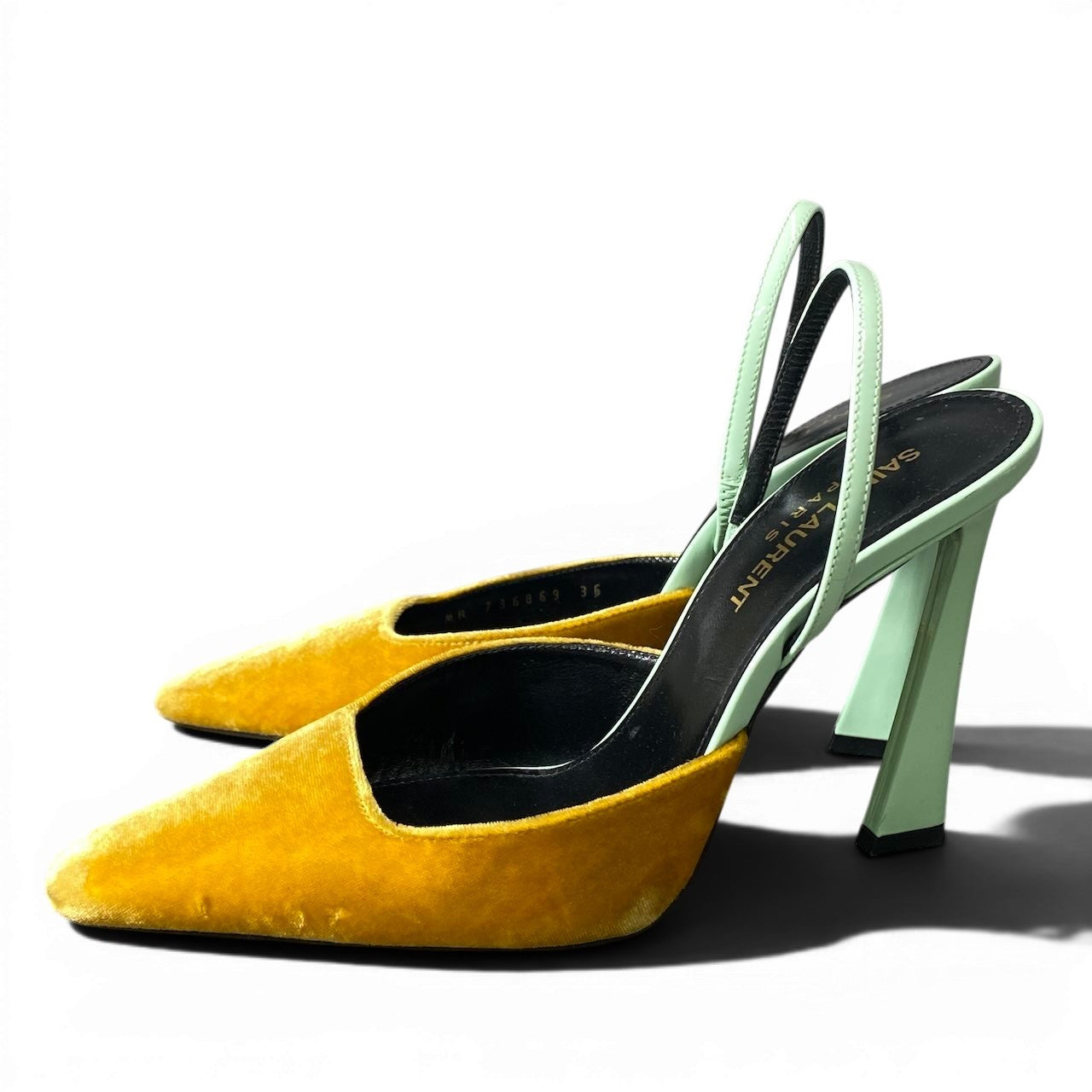 g14【美品】SAINT LAURENT スリングバック パンプス イタリア製 36サイズ イエロー グリーン ベルベット レザー レディース 女性用k02i