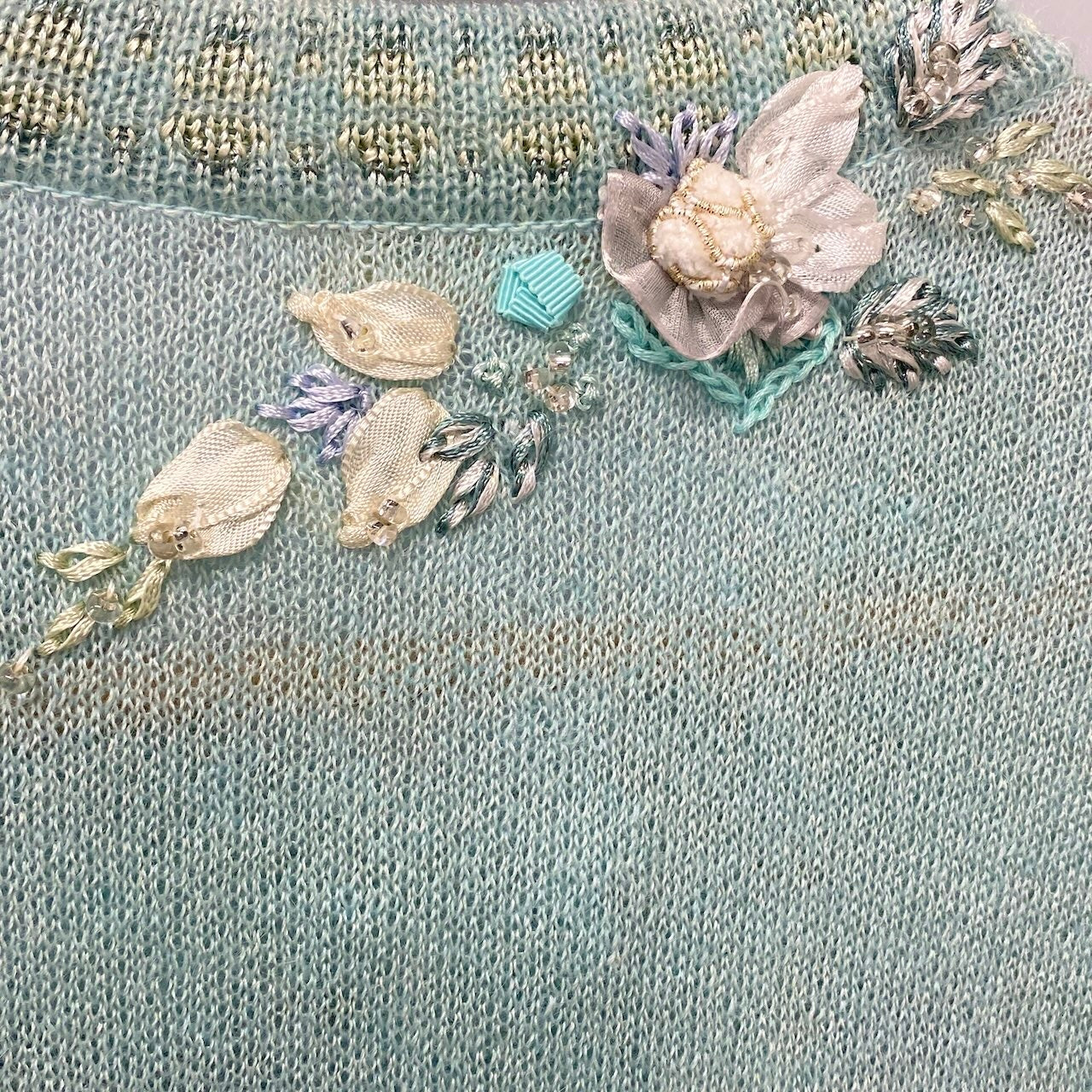 58g5 ATELIER SAGAN アトリエサガン ロングスリーブカーディガン ニットセーター 刺繍デザイン Mサイズ ミントブルー レディース 女性用u02t