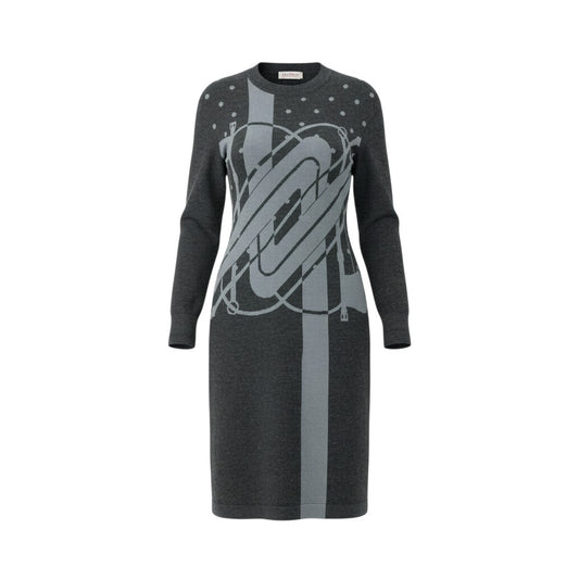 66l1 HERMES エルメス CLIC CLAC クリッククラック ニットワンピース ロングスリーブ カシミヤシルク混 ドット柄 水玉 レディース 女性用 17-7707 34 ダークグレーu02t