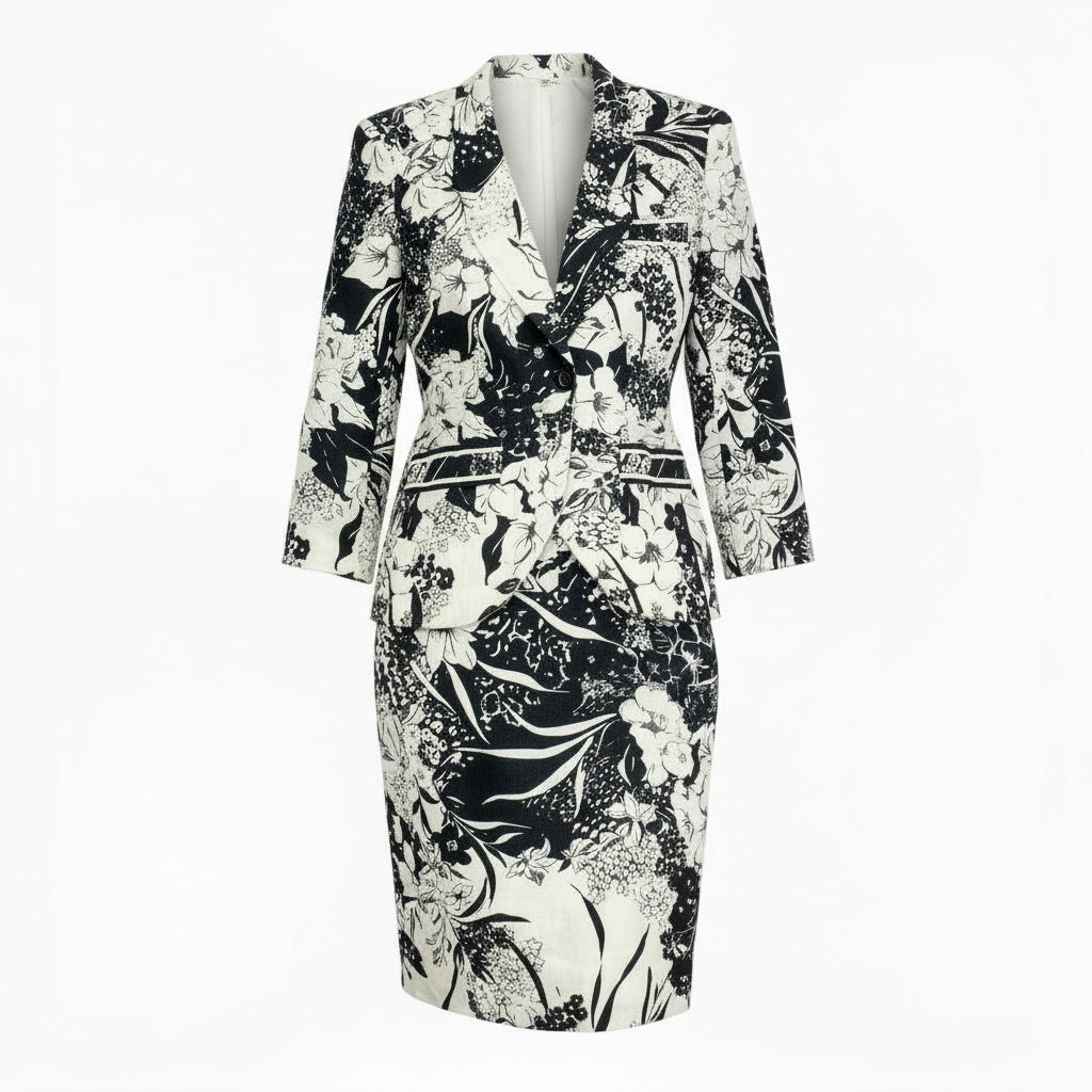 4b4 LEONARD レオナール スカートセットアップ ジャケット タイトスカート 花柄 9ARサイズ ホワイト ブラック リネン100％ レディース 女性用o07t