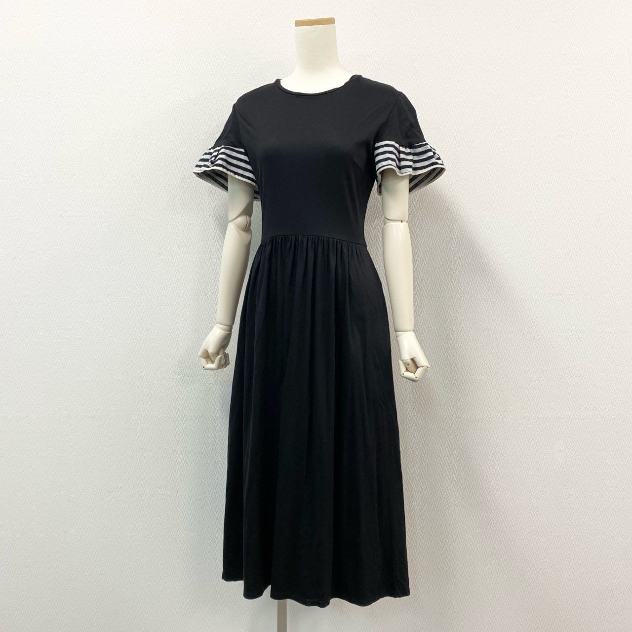 63i12 BORDRES at BALCONY ボーダーズアットバルコニー RUFFLED MAXI DRESS 半袖ワンピース ドレス マキシ丈 日本製 ボーダー BD2111-2K-29 36 ブラック レディースk02i
