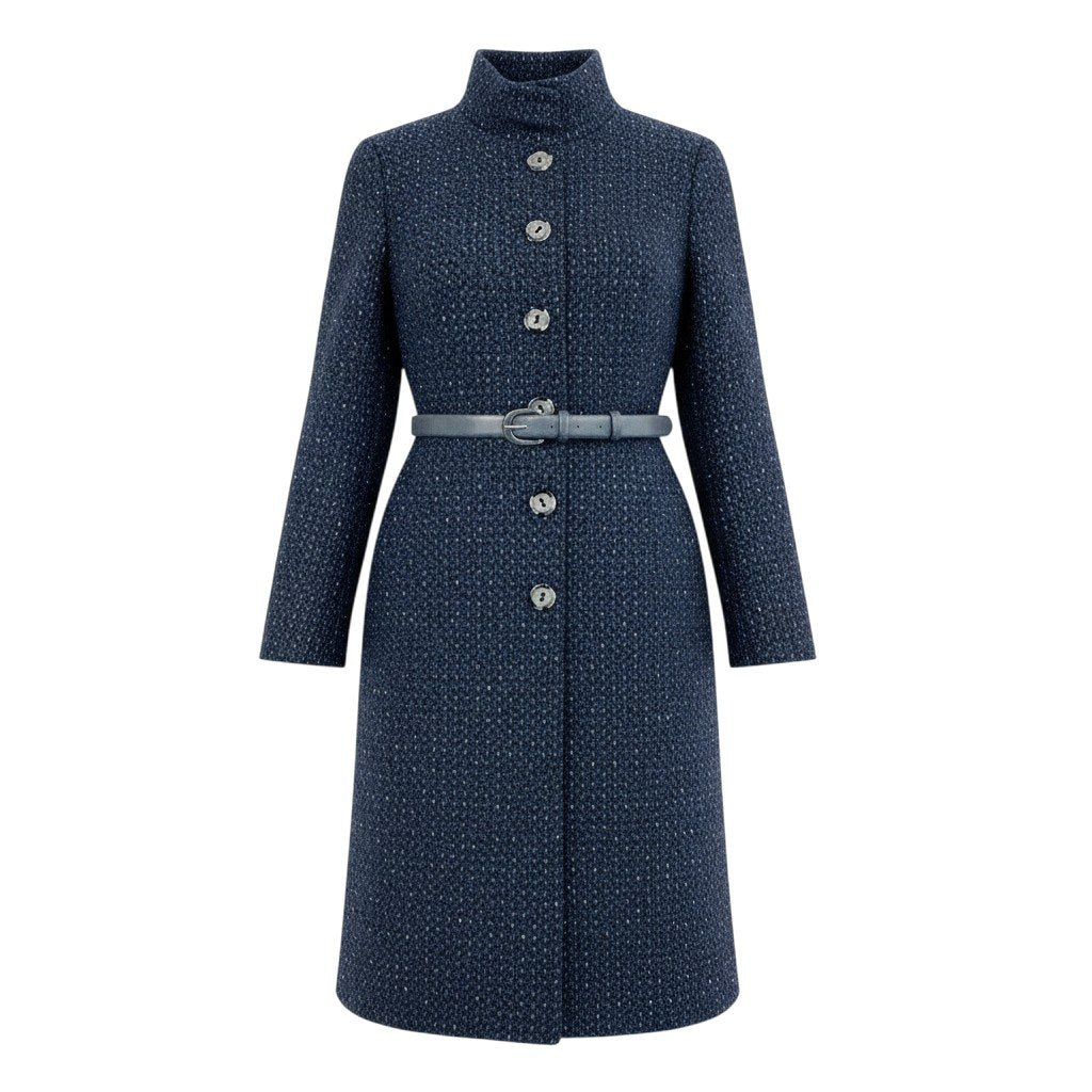 j23 【美品】MaxMara ツイードスタンドカラーコート アウター イタリア製 42サイズ ネイビー レディース 女性用u02t