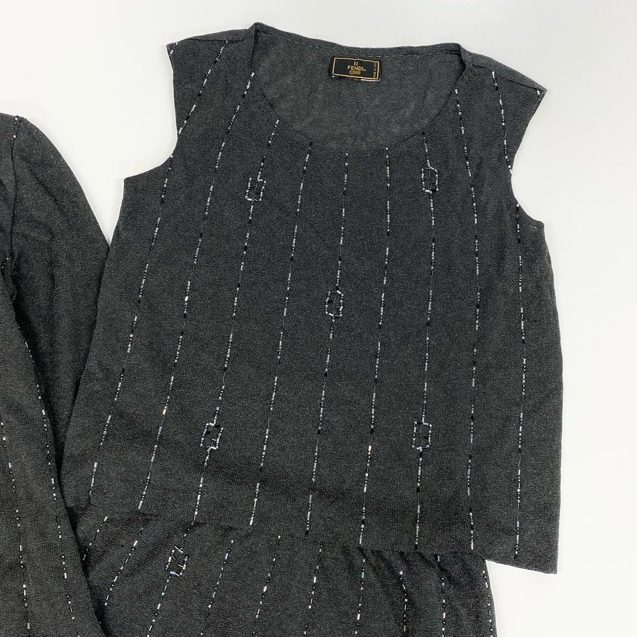 Id10 Vintage FENDI フェンディ ビジュー FFロゴ ニットセットアップ ３点セット 46 グレー系u02t