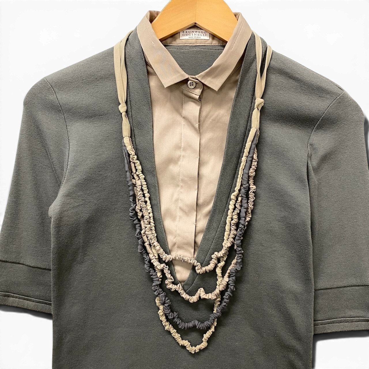59f17 BRUNELLO CUCINELLI ブルネロクチネリ レイヤード風 ニットセーター 5分袖 サイズM グレー ベージュ レディース 女性服o07t