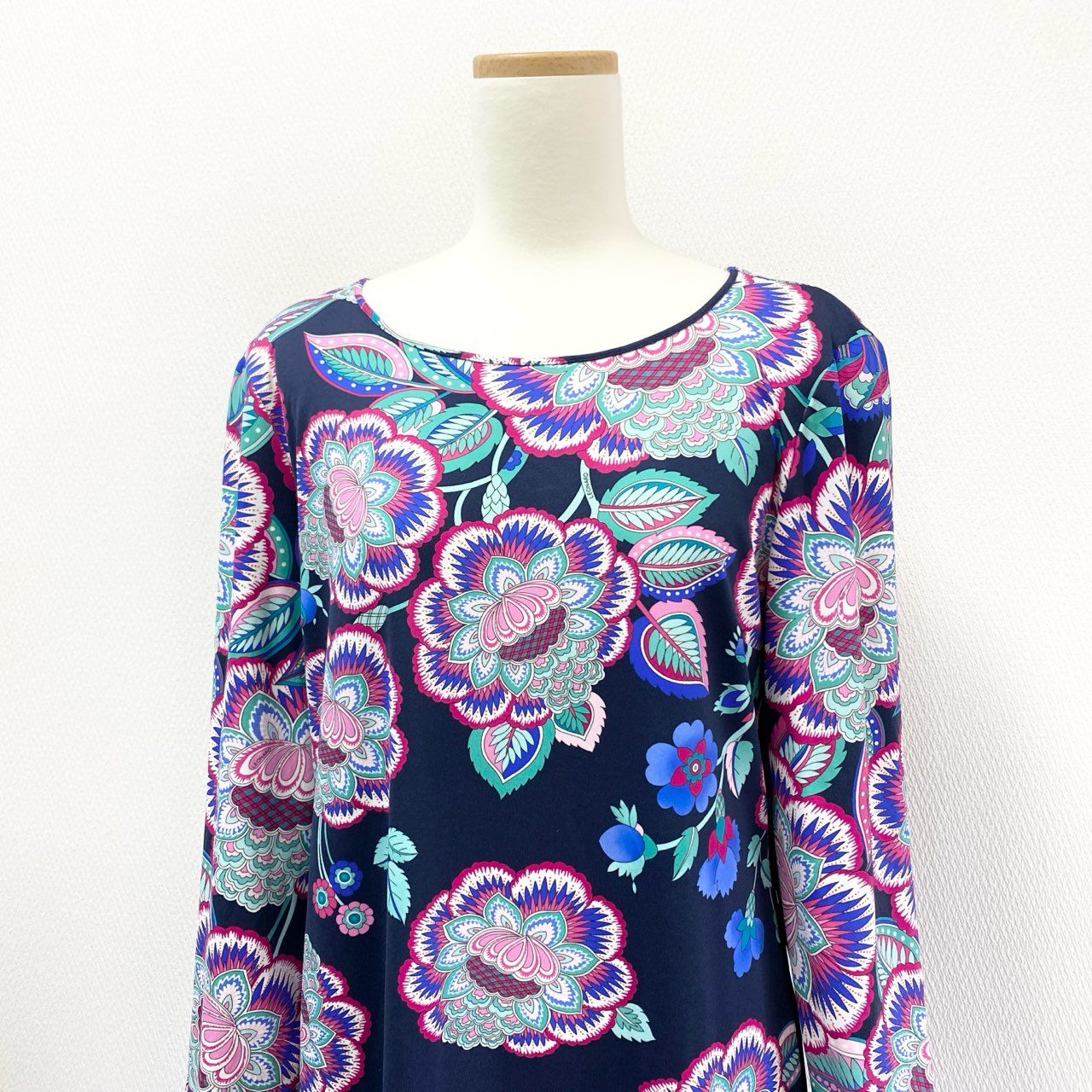 3K18 LEONARD PARIS レオナール インポートライン ロングワンピース 長袖 美しい花柄プリント ストレッチ レディース 女性用 40 ネイビー ナイロン100％u02t