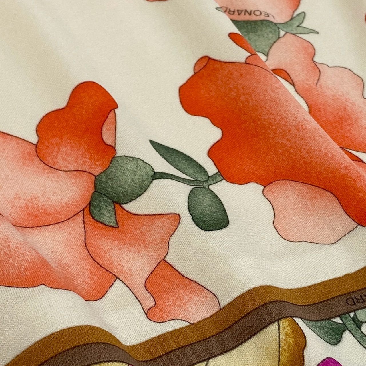 4k7 LEONARD FASHION レオナール ニットセーター 半袖ニット 美しい花柄プリント 切替ニット カンカン素材 レディース 女性用 L アイボリーo07t