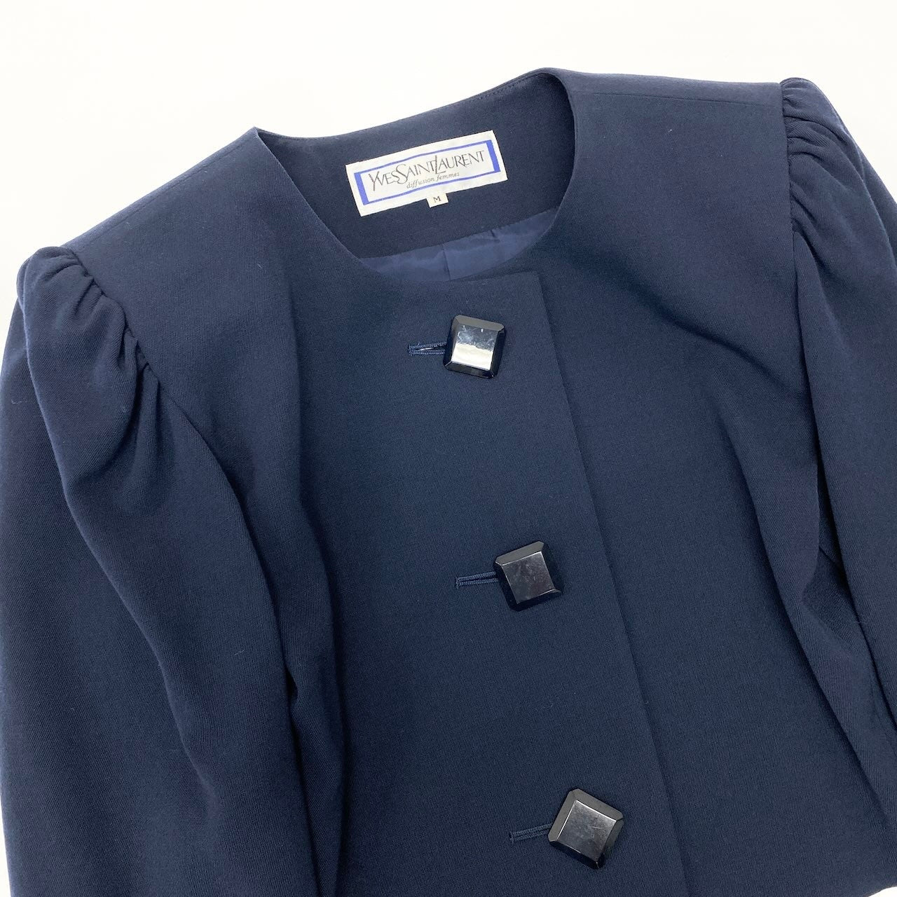 43e11 YVES SAINTLAURENT イヴサンローラン セットアップスカート フォーマル ノーカラージャケット タックスカート サイズM ネイビー ウール100％ レディース 女性服o07t