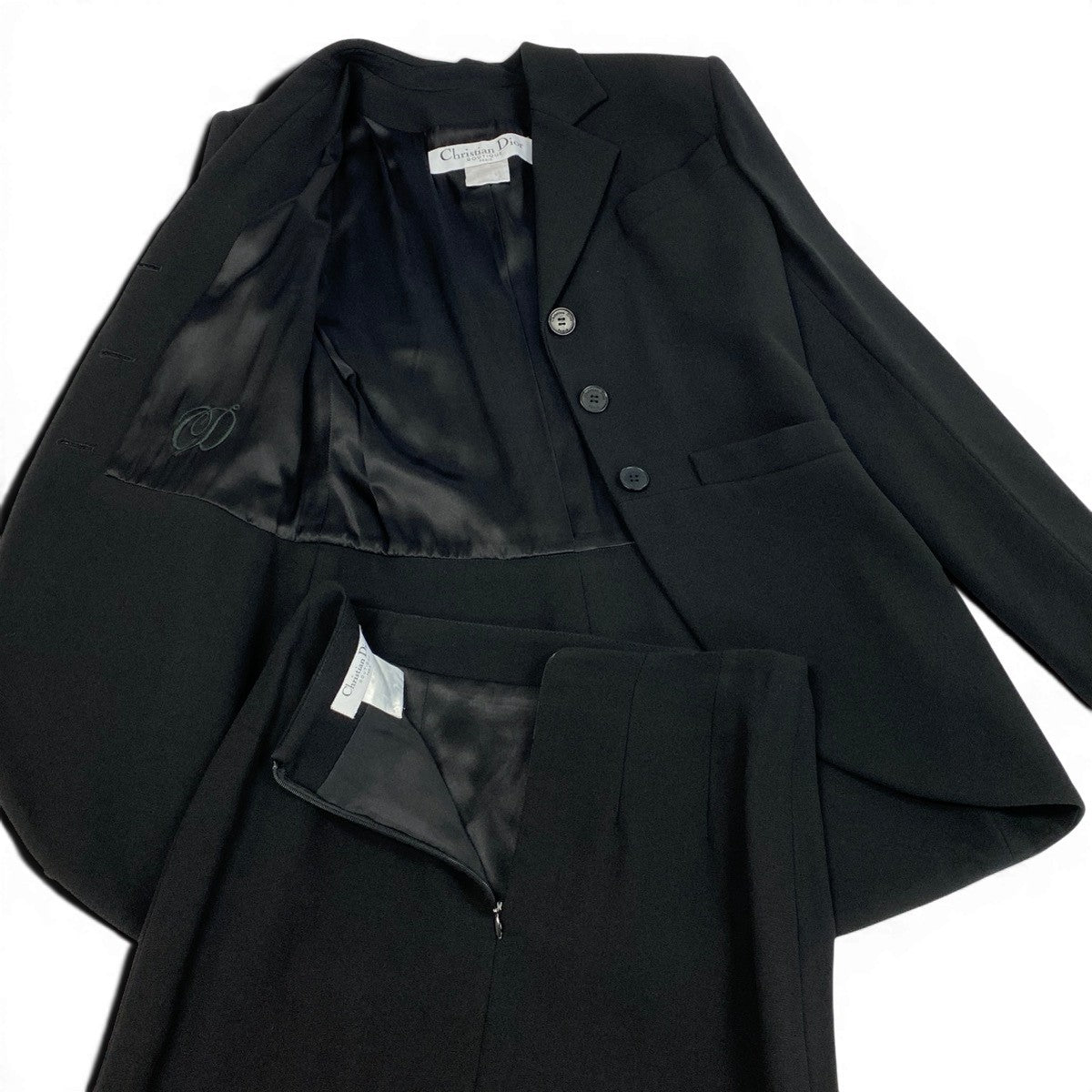 52f10 Christian Dior BOUTIQUE クリスチャンディオール ブティック 2008年 ガリアーノ期 セットアップ スカートスーツ フォーマル テーラードジャケット サイズ42 ブラック ウール シルク レディース 女性服u02t