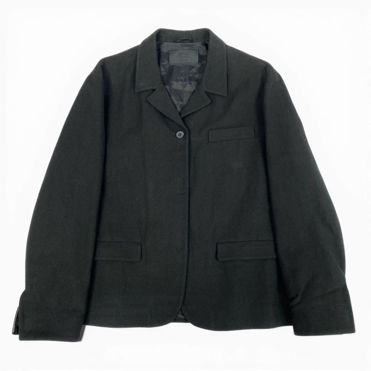50b12 【美品】PRADA プラダ コットンリネンジャケット 袖レザー Cotton-linen Jacket Leather Cuffs 44サイズ ブラック レディース 女性用ta1