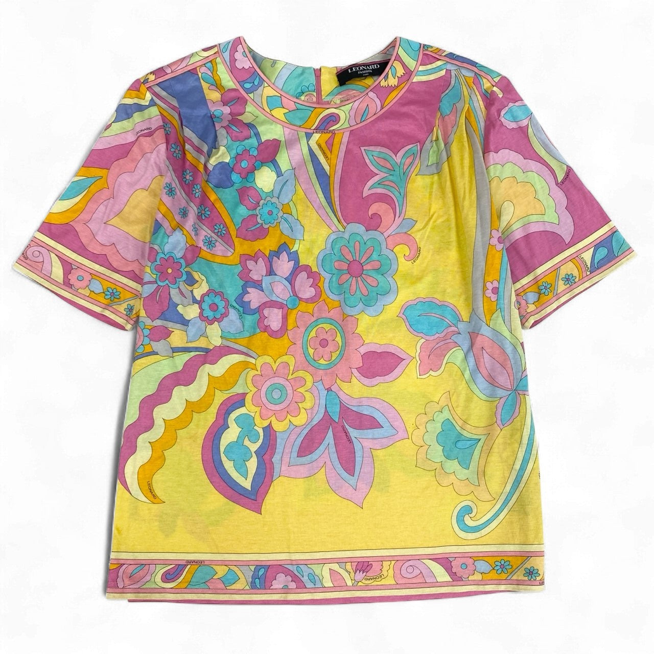 3k19 LEONARD FASHION レオナール 半袖Tシャツ クルーネック カットソー 総柄プリント フラワーモチーフ レディース 女性用 M マルチカラー コットン100％u02t