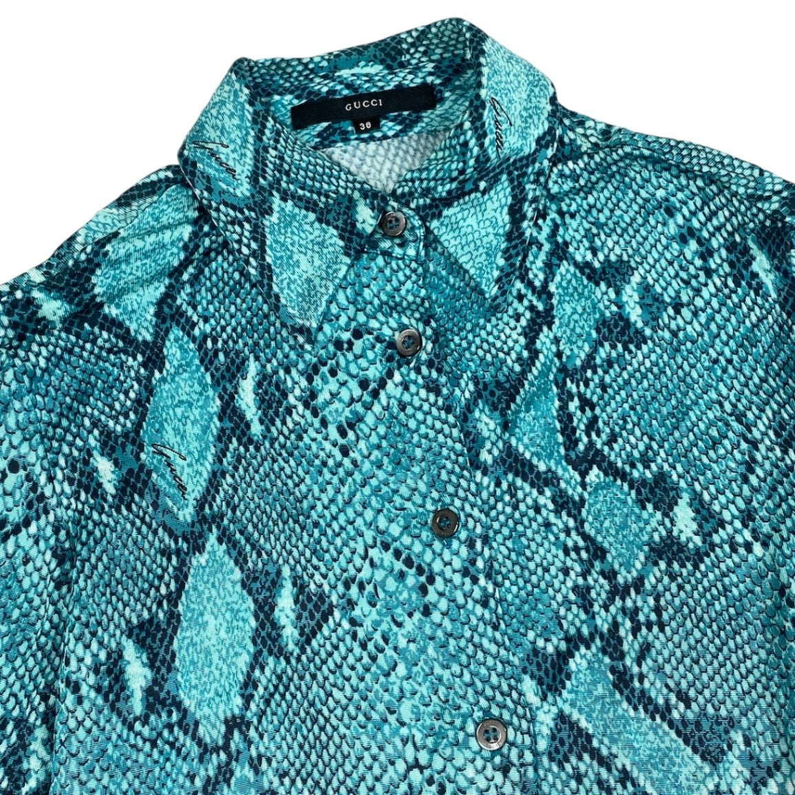 Ei20 GUCCI グッチ 2000 トムフォード期 Y2K パイソン柄 長袖シャツイタリア製 38 ブルー レーヨン レディースo07t